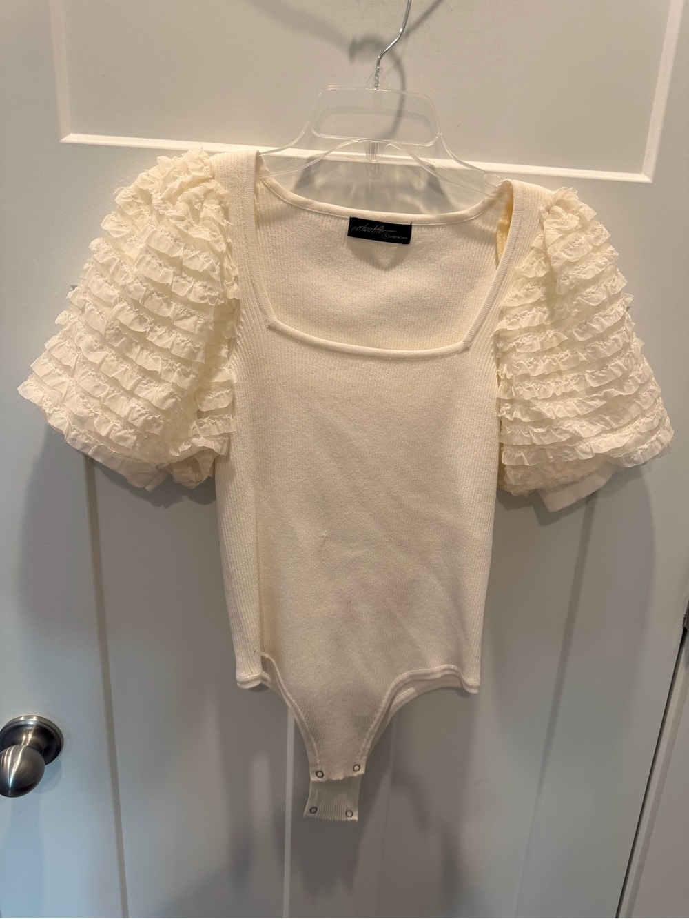 On Twelfth Small Ivory Ruffle Sleeve Square Neck Bodysuit Romantic